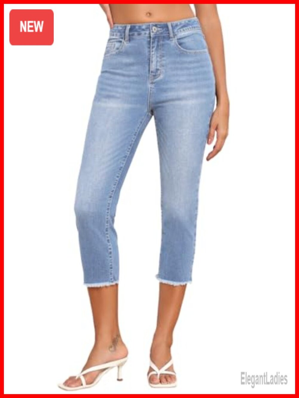 High Waisted Straight Leg Capri Jeans Raw Hem Stretchy Denim Pants